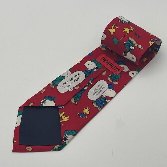 PEANUTS Men’s Novelty Silk Tie Snoopy Golf Woodstock Red Cartoon Humor Dog Bird - Picture 3 of 13